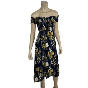 REFORMATION Murphy Dress 8 Navy Blue Floral Off The Shoulder Smocked Midi